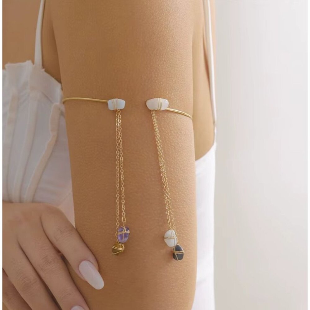 Boho Crystal Chain Arm Cuff Gold Wire Wrapped Gemstone Upper Arm Bracelet Tigers - Picture 3 of 5